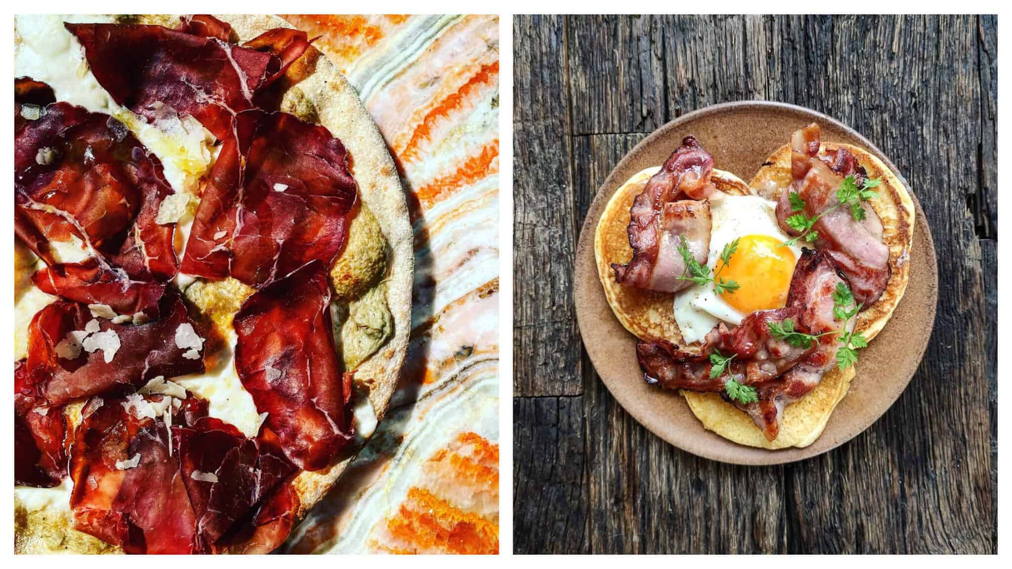Left: a pizza on a table at the restaurant Bonvivant. Right: pancakes with an egg and bacon on a table at the restaurant Chinaski.