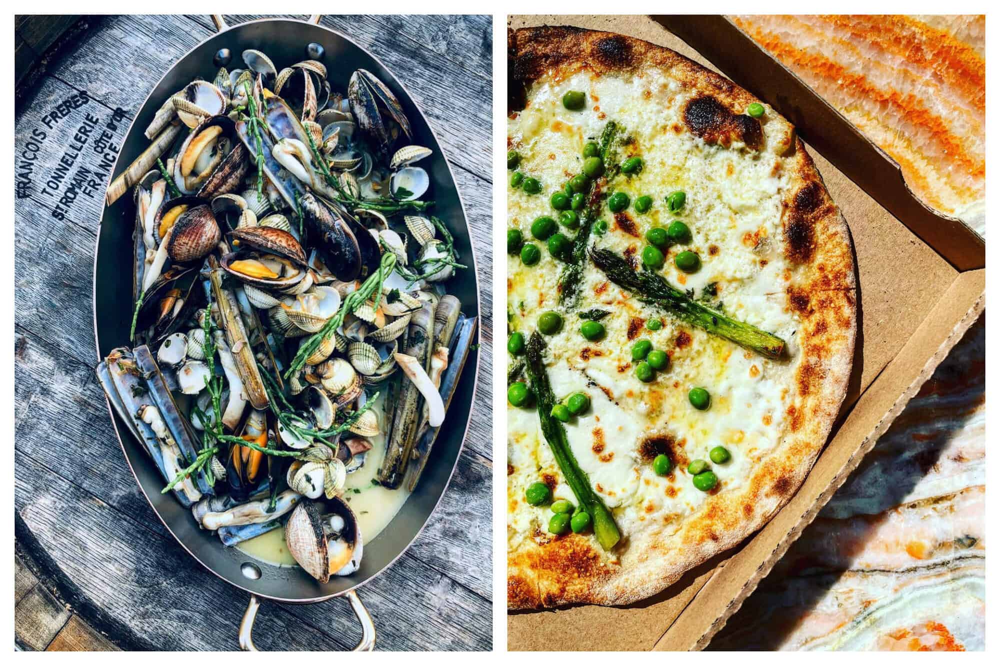 Left: a seafood dish on a table at the restaurant Bonvivant. Right: a pizza in a takeaway box on a table at Bonvivant.