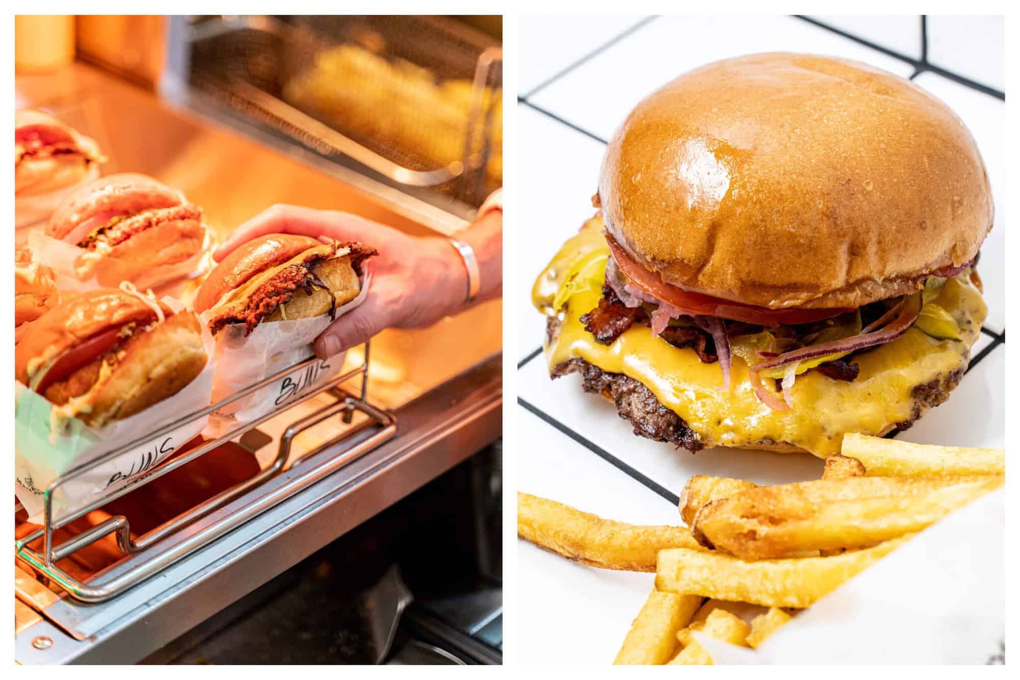 Left: a person taking a burger from a tray of burgers at the restaurant Buns Paris. Right: a burger and fries at Buns Paris.