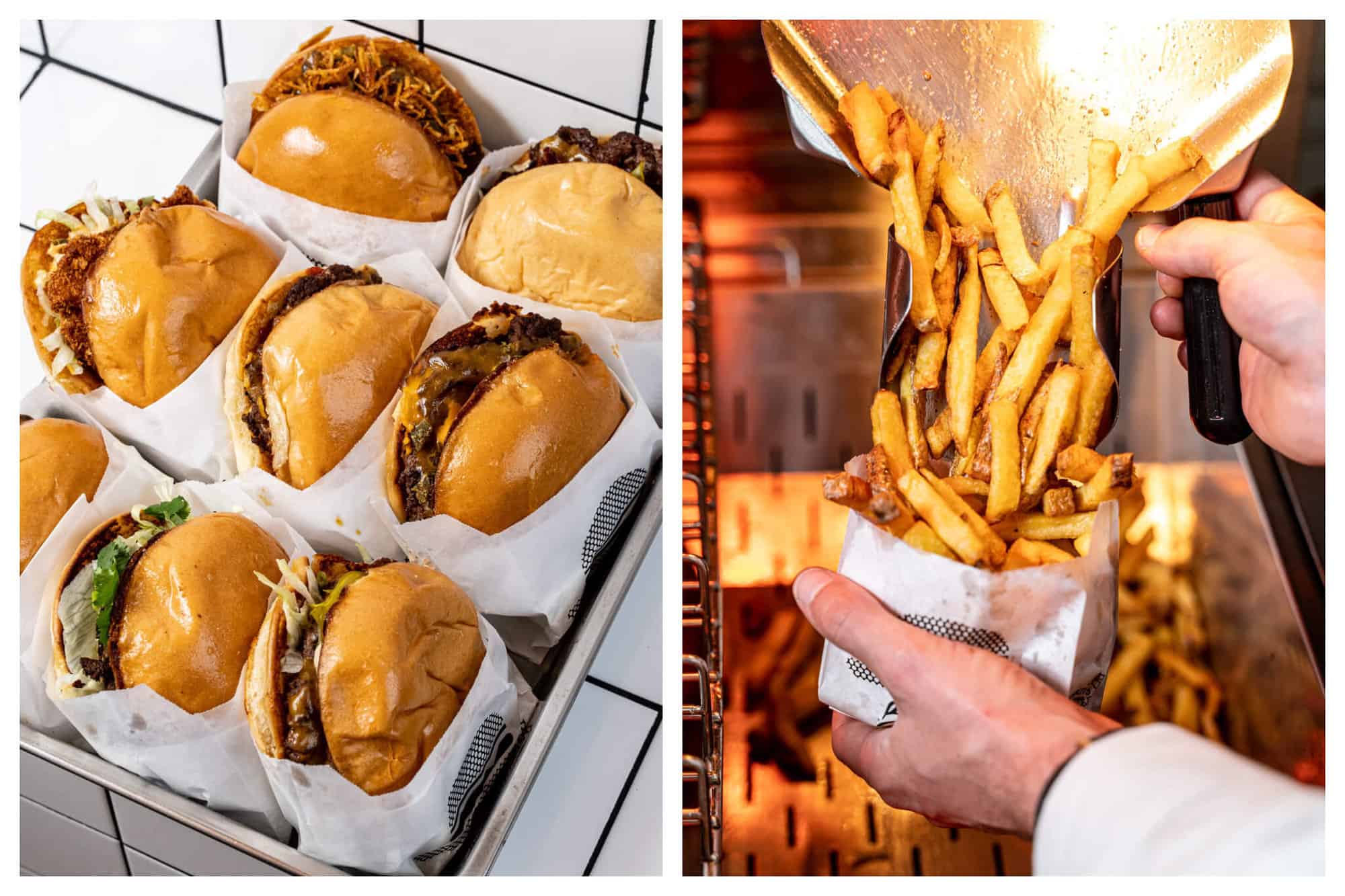 Left: three rows of burgers sitting in a tray at the restaurant Buns Paris. Right: a person scooping fries into a paper bag at Buns Paris.
