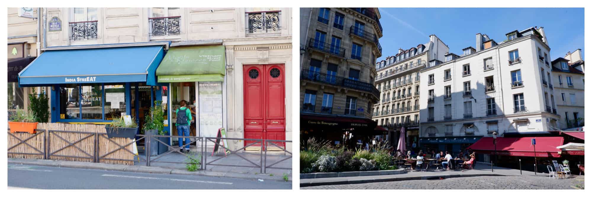 Left: the exterior of the Vietnamese takeaway shop Monts et Riziers on Rue Monge. Right: Place Georges Moustaki at the bottom of Rue Mouffetard. 