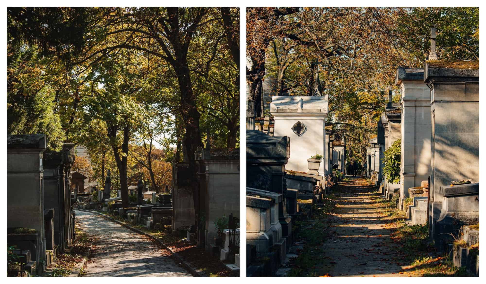 2 pictures of the Pere Lachaise cemetery in the fall with tombstones and trees with crisp, brown leaves.