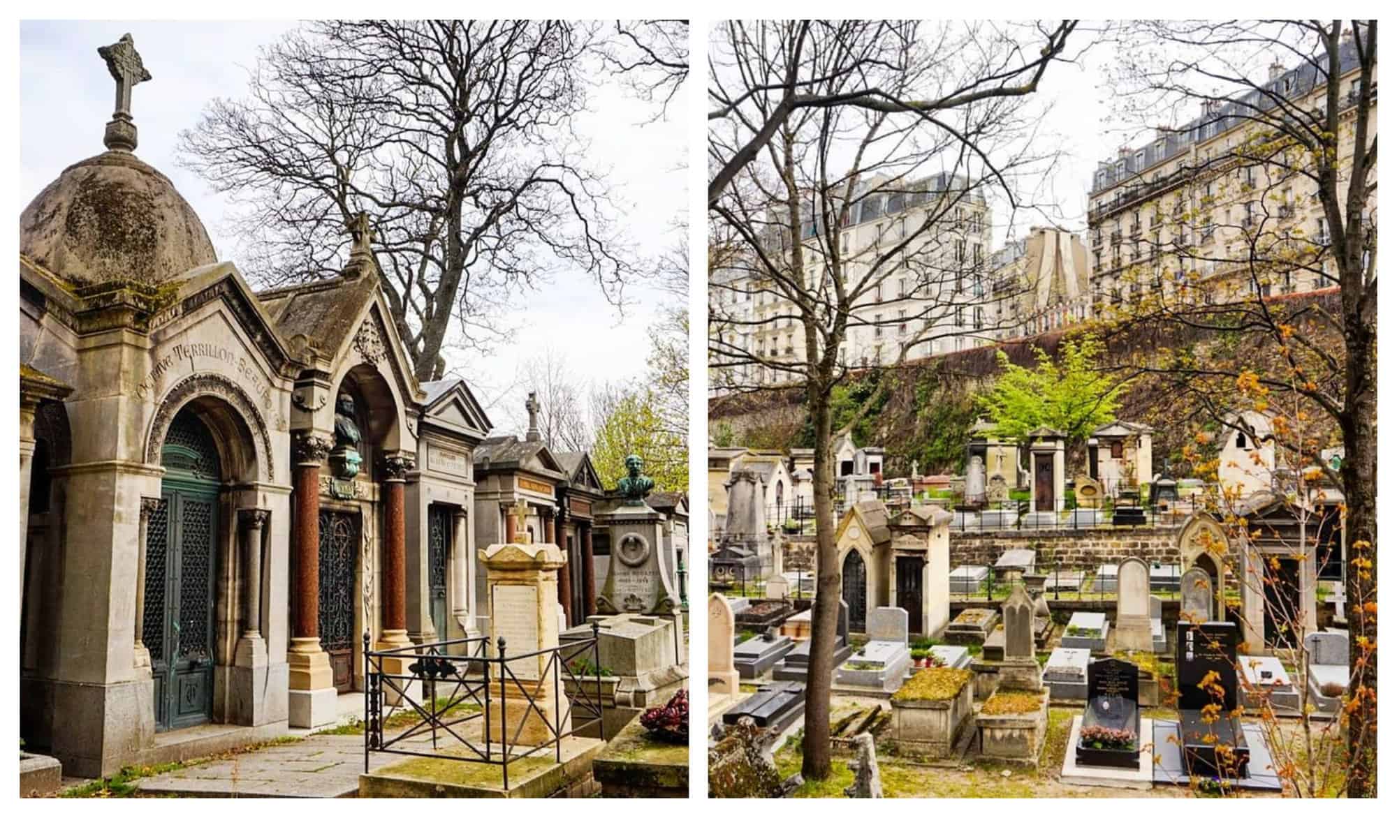 2 pictures of the Montmartre cemetery in the fall with tombstones and trees with crisp, brown leaves.
