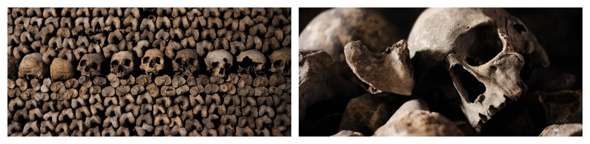2 pictures of the stack of skulls and bones at the famous Catacombs of Paris.