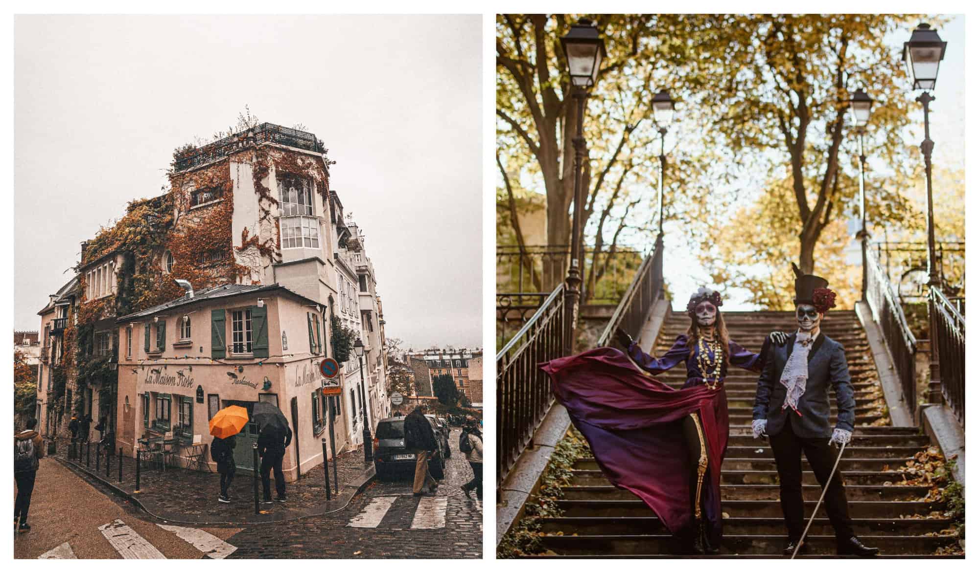 Left: The famous Maison Rose of Montmartre in the fall. Right: A man and a woman dressed for the Mexican Day of the Dead posing their costumes at a Montmartre staircase.