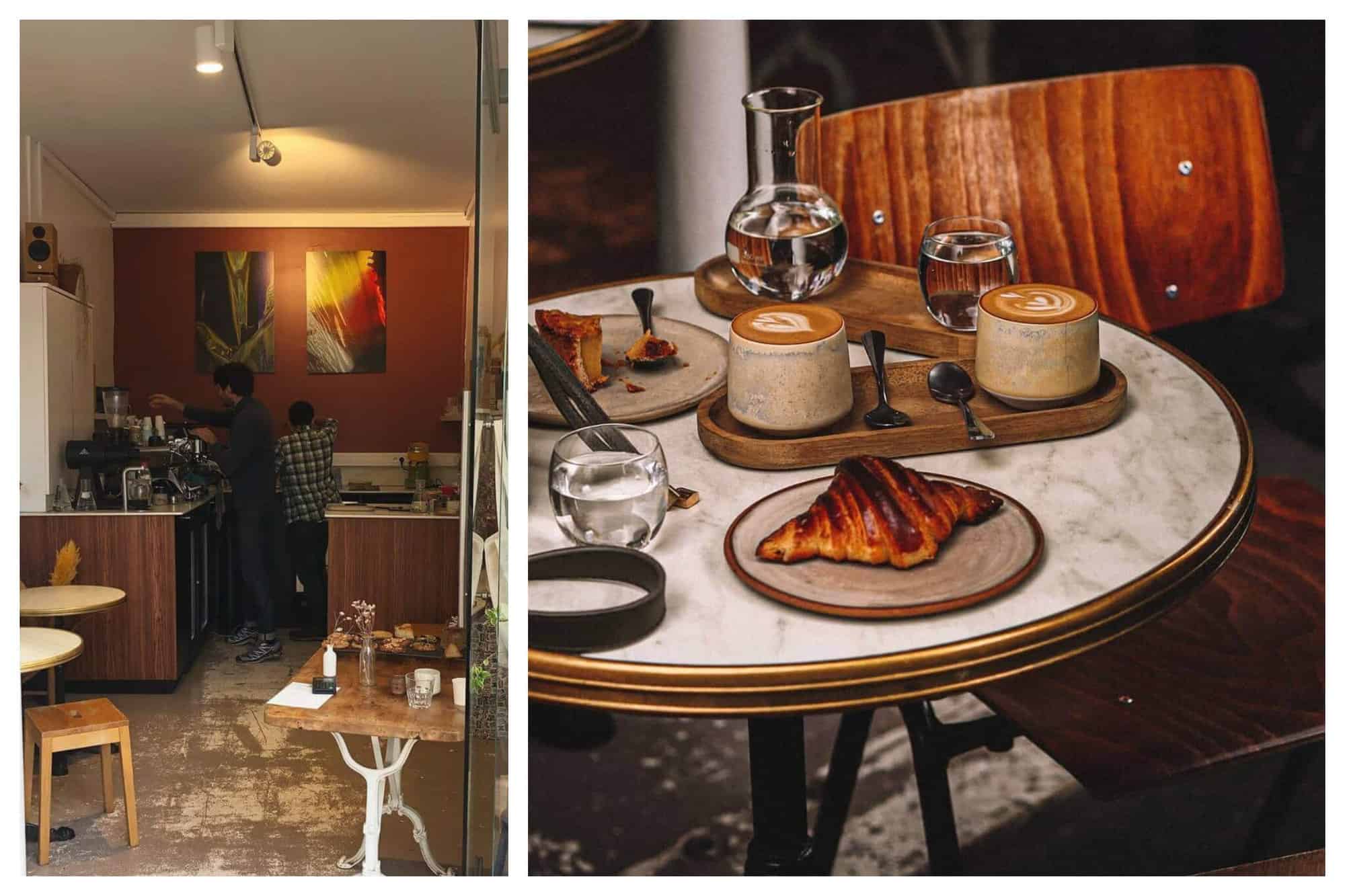 Left: a photo of workers making coffee inside the I / O coffee shop in Paris. Right: a photo of a table with hot coffees, croissants, water and spoons on a terrace in Paris. 