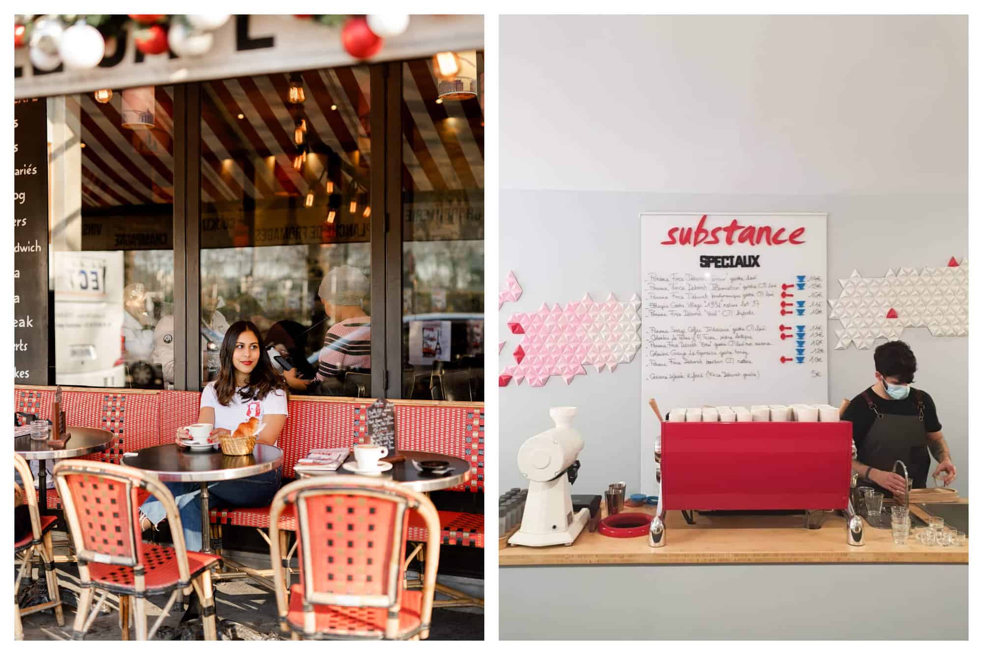 Left: a photo of a girl sitting with a coffee on a Paris terrace, on a red bendh and golden tables. Right: a photo of the inside of the Paris Substance Coffee shop in Paris, with the barista preparing coffees on a red coffee machine. 