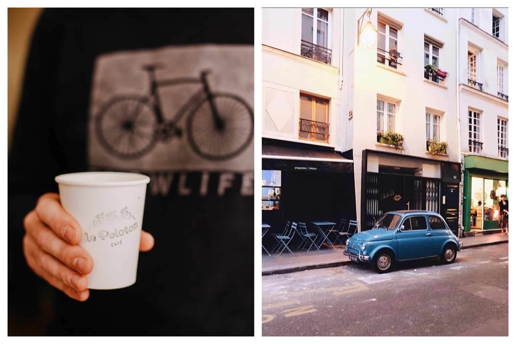 Left: an upclose photo of a man holding a Le Peloton Café coffee cup, who is also wearing a black shirt with a bicycle on it in the background. Right: a photo of a blue vintage mini car outside the Ob-La-Di cafe in Paris, on an empty street. 