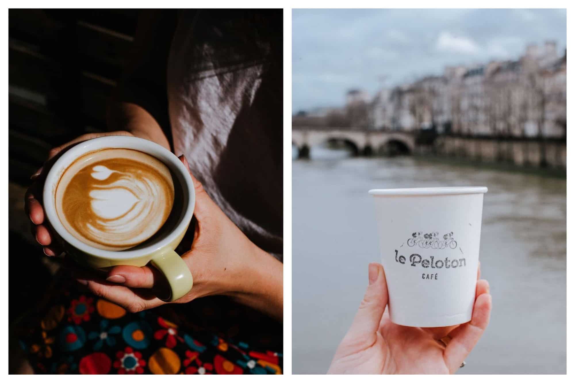 Left: a photo of a woman holding a fresh coffee in a green mug up close where we can only see her hands and her floral skirt. Right: a photo of a coffee cup labeled Le Peloton café, being held on the Seine in Paris.