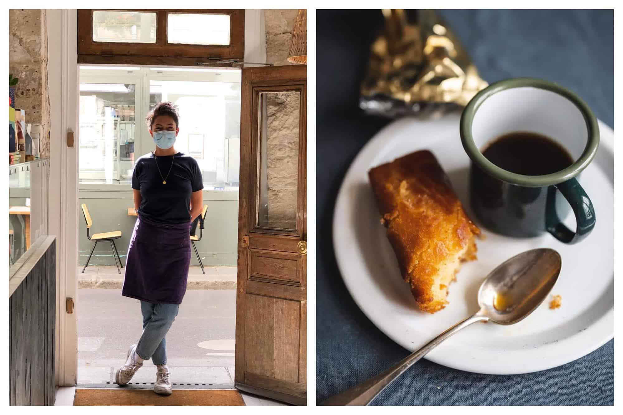 Left: a photo of a female worker at Café Marlette, standing in the doorway of the shop with her hands behind her back and wearing a mask. Right: a photo of a black coffee in a green mug, with a half eaten cake next to it on a white plate with a silver spoon.  