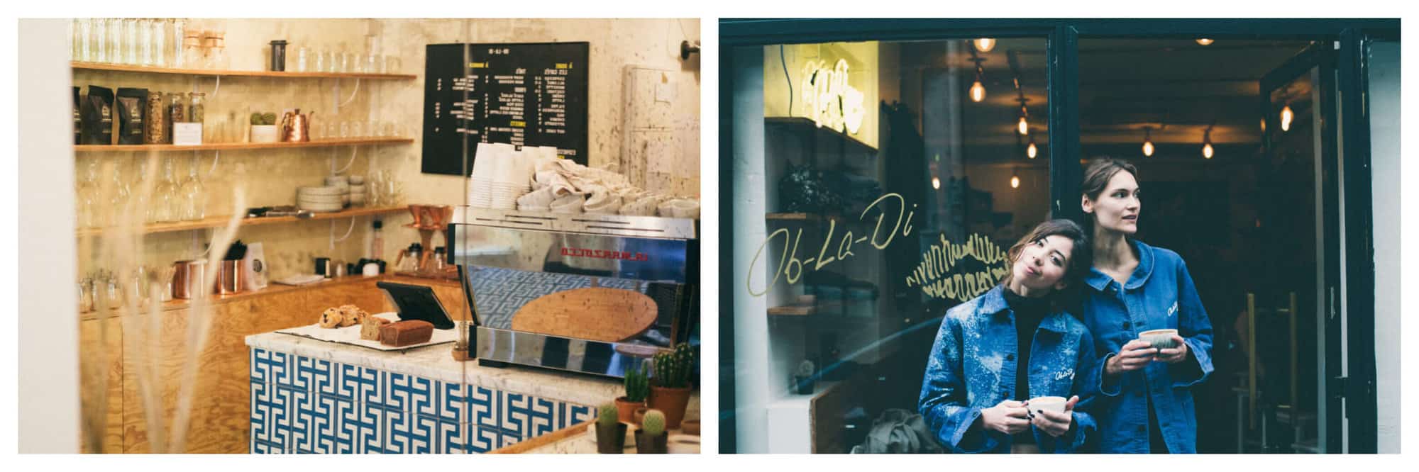 Left: a photo of the coffee counter and machine at the Ob-La-Di cafe in Pairs. Right: a photo of two workers from the Ob-La-Di cafe in Paris, standing outside the café holding coffees in denim blue jackets. 