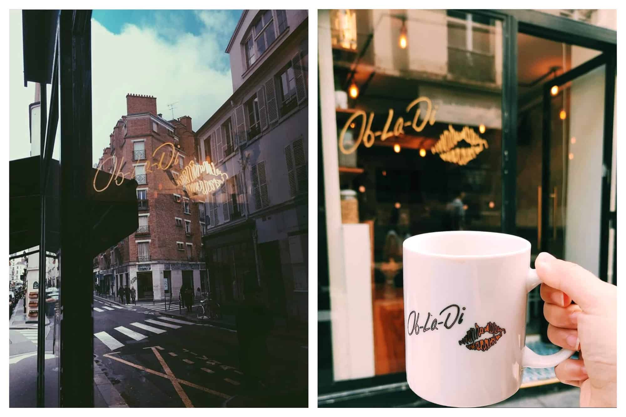 Left: A photo of the store front at Ob-La-Di cafe in Paris, reflecting onto the Paris street behind. Right: a photo of someone holding a white Ob-La Di coffee mug outside the Ob-La-Di coffee shop in Paris. 
