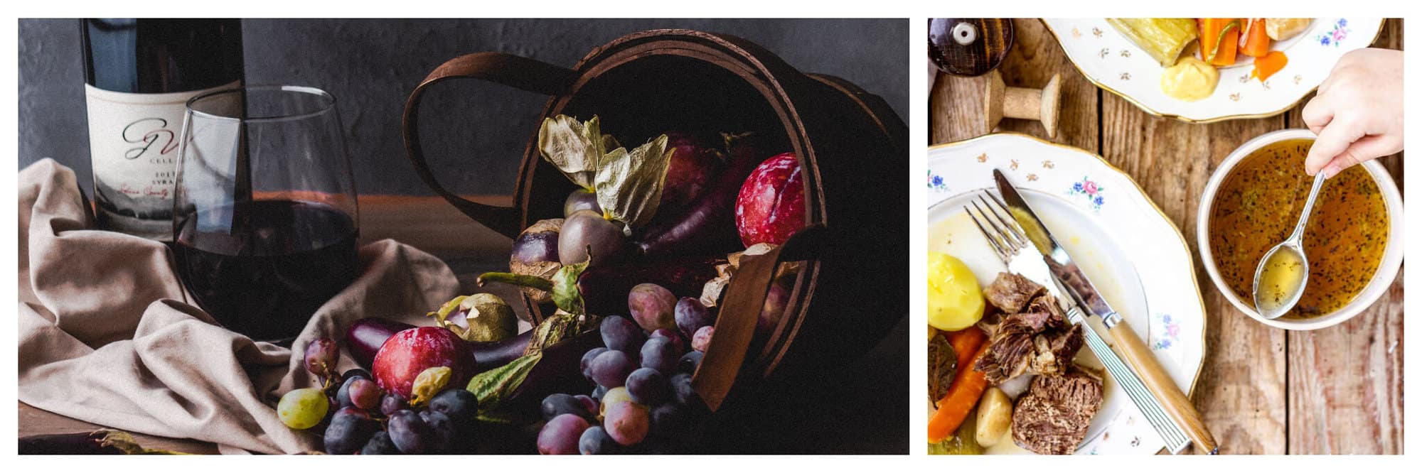 left: a basket of fruits containing grapes, plums and figs lies sideways atop a table, somewhat spilling its content. There is also a bottle of wine in the frame near the fruits. right: Pot-au-Feu being served on a dinner table. the meat is arranged on a servish dish and the broth is being served separately in a white bowl.