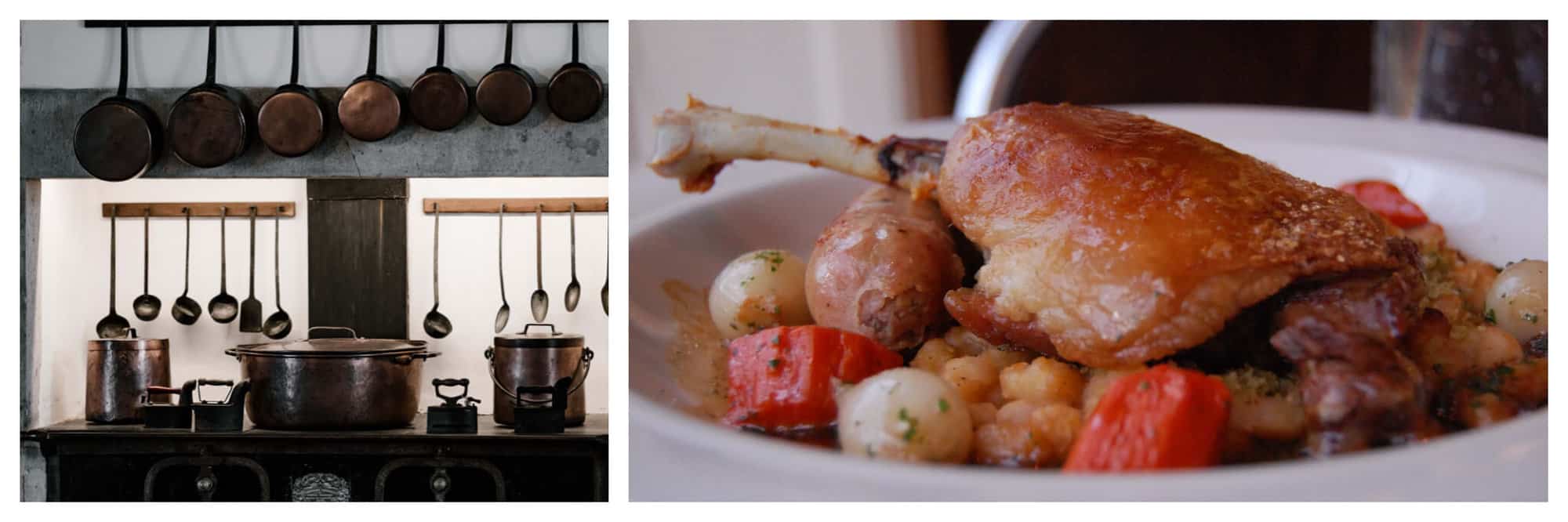 left: a traditional kitchen table with many copper pots, pans and ladles hung up. right: cassoulet dish made of chicken, sausage and vegetables on a white plate.