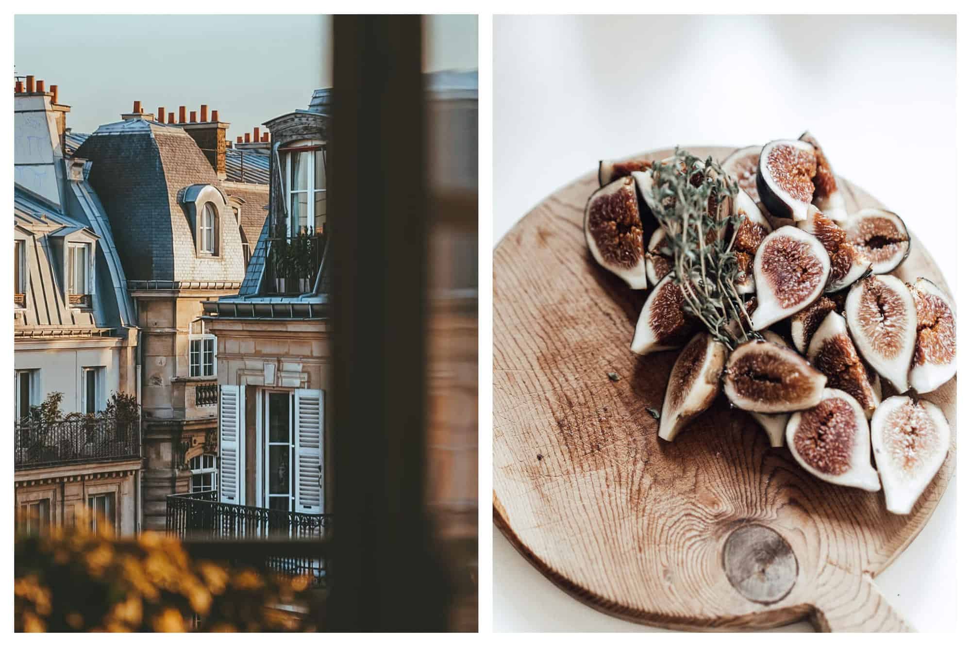left: a snapshot of a parisian building from a window. there is also a bit of tree visible in the frame, with autumnal golden leaves. right: a plate of cut figs neatly decorated on a wooden serving platter