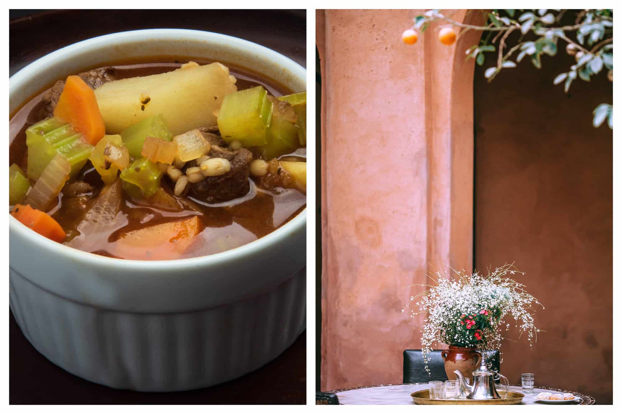 left: a bowl of pot au feu with vegetables and soup. right: a table setting with a terracota vase containing white flowers. on the background , an orange wall is visible and so are leaves of a tree