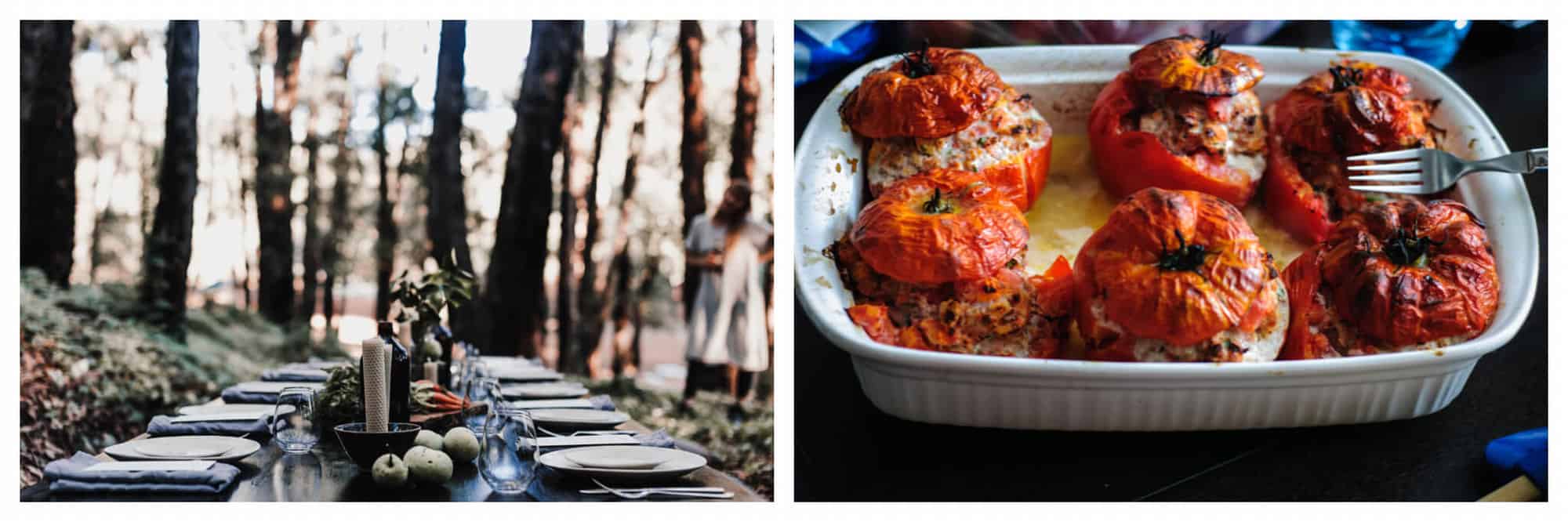 left: a long table set for many people to dine. there is blue and white cutlery and napkins, along with wine glasses. one the background, we can see trees. right: stuffed tomatoes on a baking dish