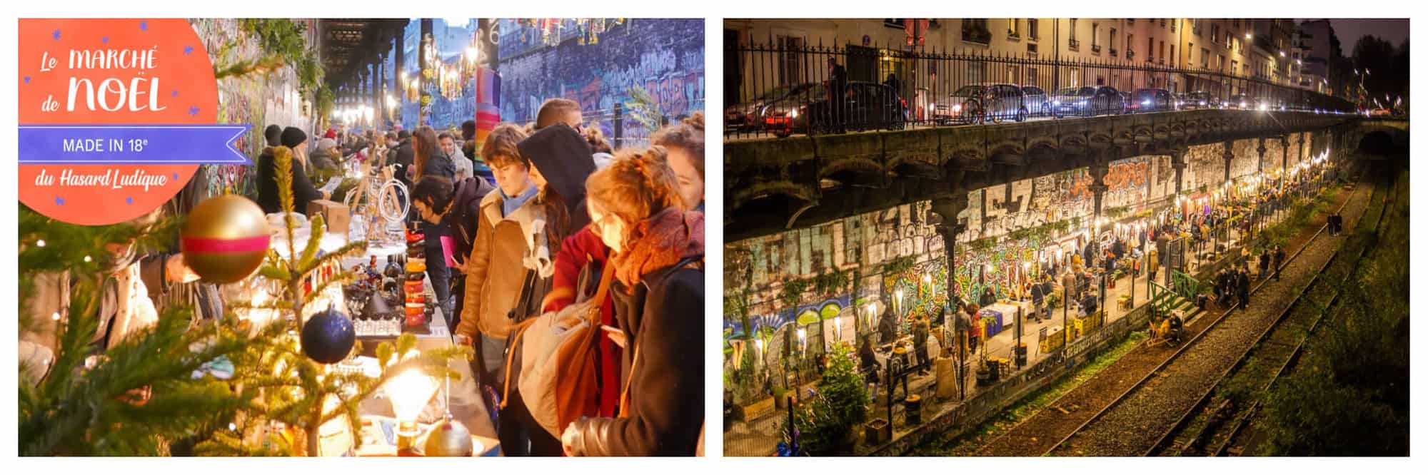 Left: promotional image for the Christmas market at Le Hasard Ludique. Right: a market at Le Hasard Ludique at night time. 
