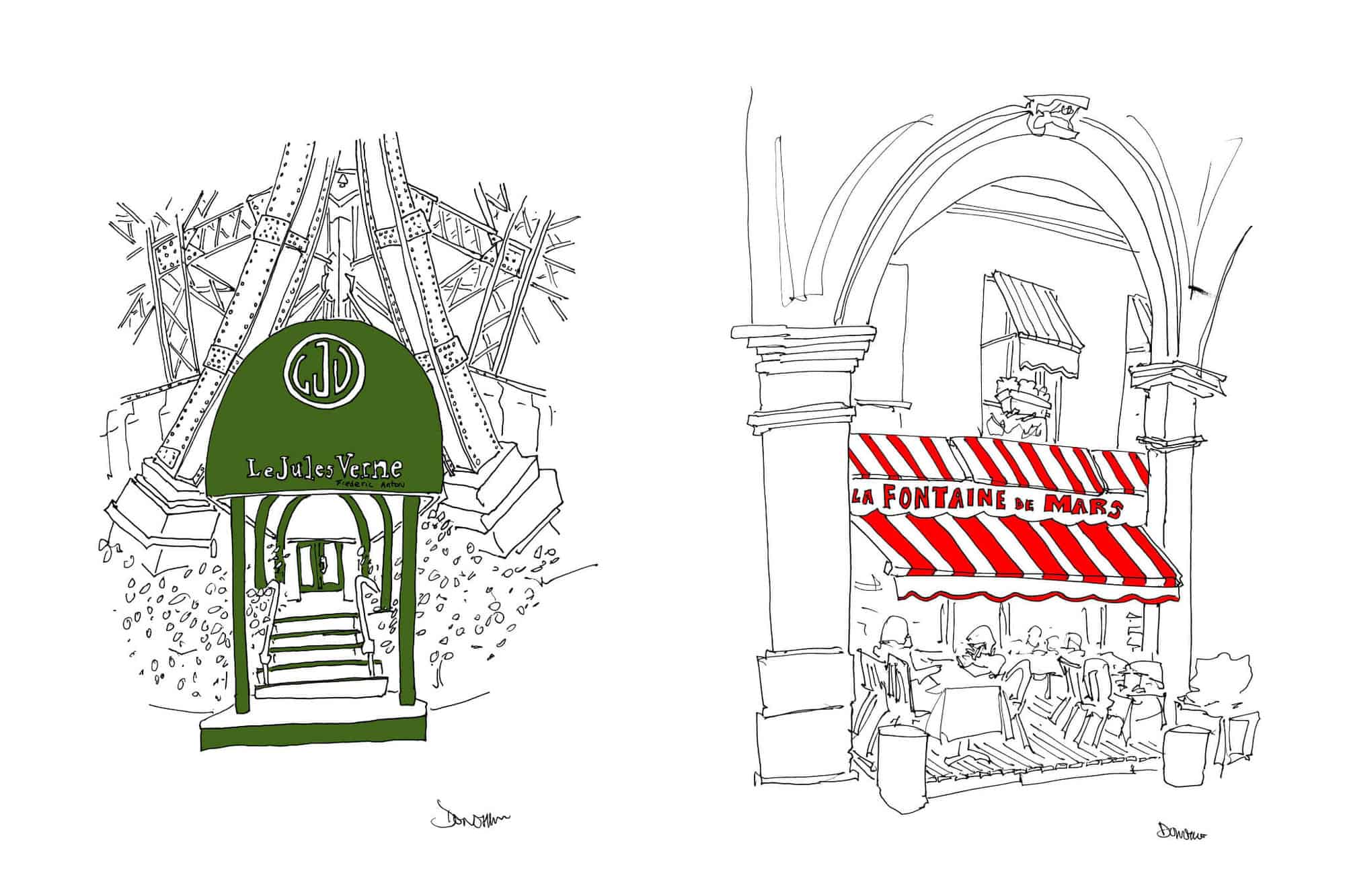 Left: a drawing of the front of Le Jules Verne restaurants at the Eiffel Tower in Paris by John Donohue. Right: a drawing of La Fontaine de Mars restaurant in Paris by John Donohue.