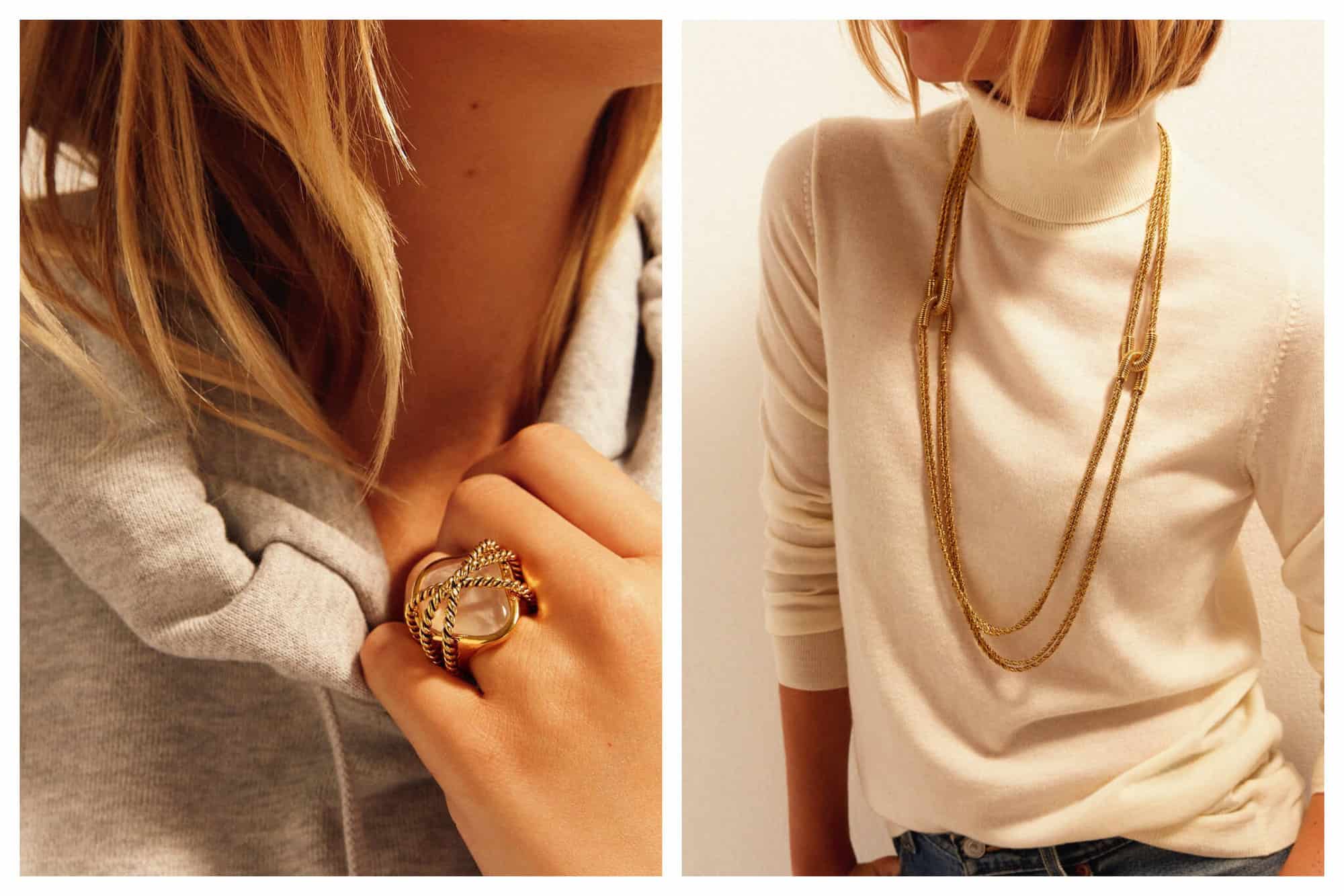 Left: a woman in a grey hoodie wearing a chunky gold ring by Aurelie Bidermann. Right: a woman in a cream turtleneck wearing a long gold necklace by Aurelie Bidermann. 