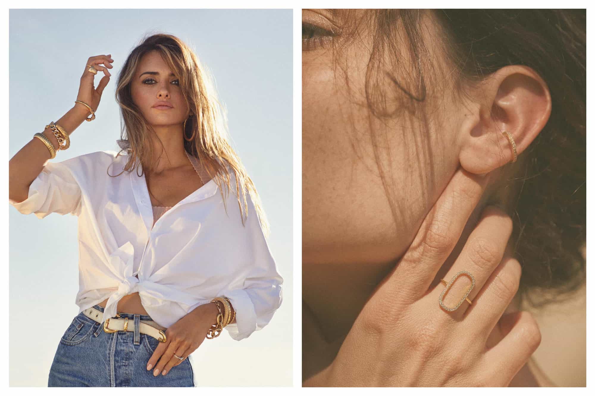 Left: Penelope Cruz in jeans and a white shirt wearing jewelry from Bonanza. Right: a brunette woman with her hand up against her jaw/ear wearing a ring and earring by Douze Paris.