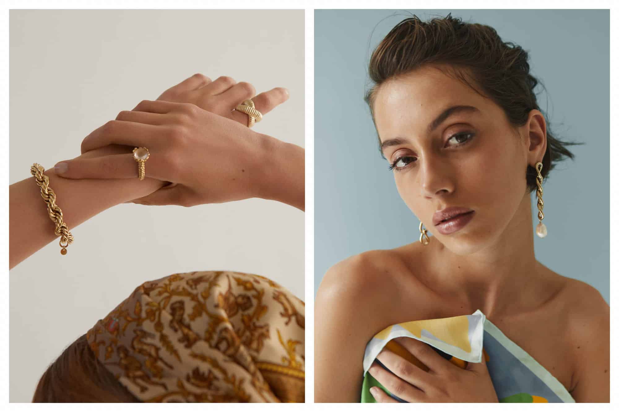 Left: a woman holding her hands above her head wearing a gold bracelet and two rings by Bonanza plus a headscarf. Right: a brunette woman with her hair done up holding a scarf up against her chest wearing gold and pearl drop earrings from Bonanza.