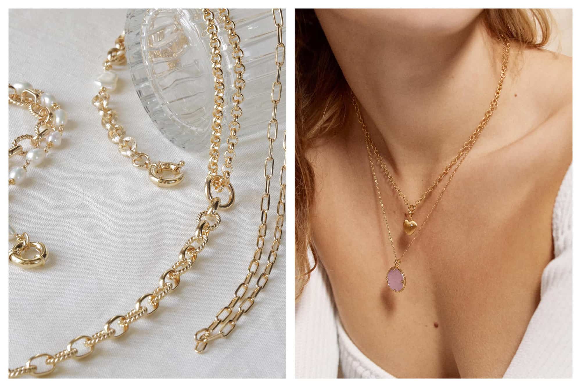 Left: gold chain bracelets or necklaces with pearls by Bôneur. Right: a close up of a woman's chest wearing two gold necklaces by Bôneur. 