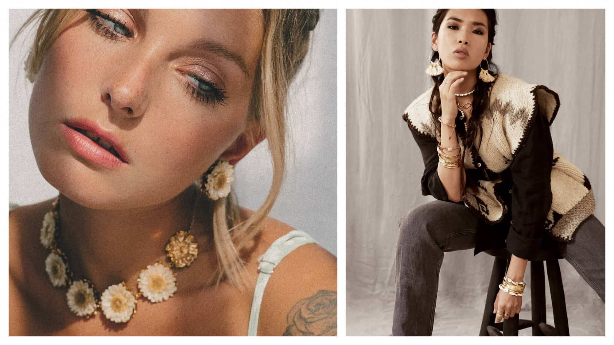 Left: a blonde woman wearing a floral necklace and matching earrings by Elise Tsikis. Right: a dark haired woman wearing jewelry by Elise Tsikis. 