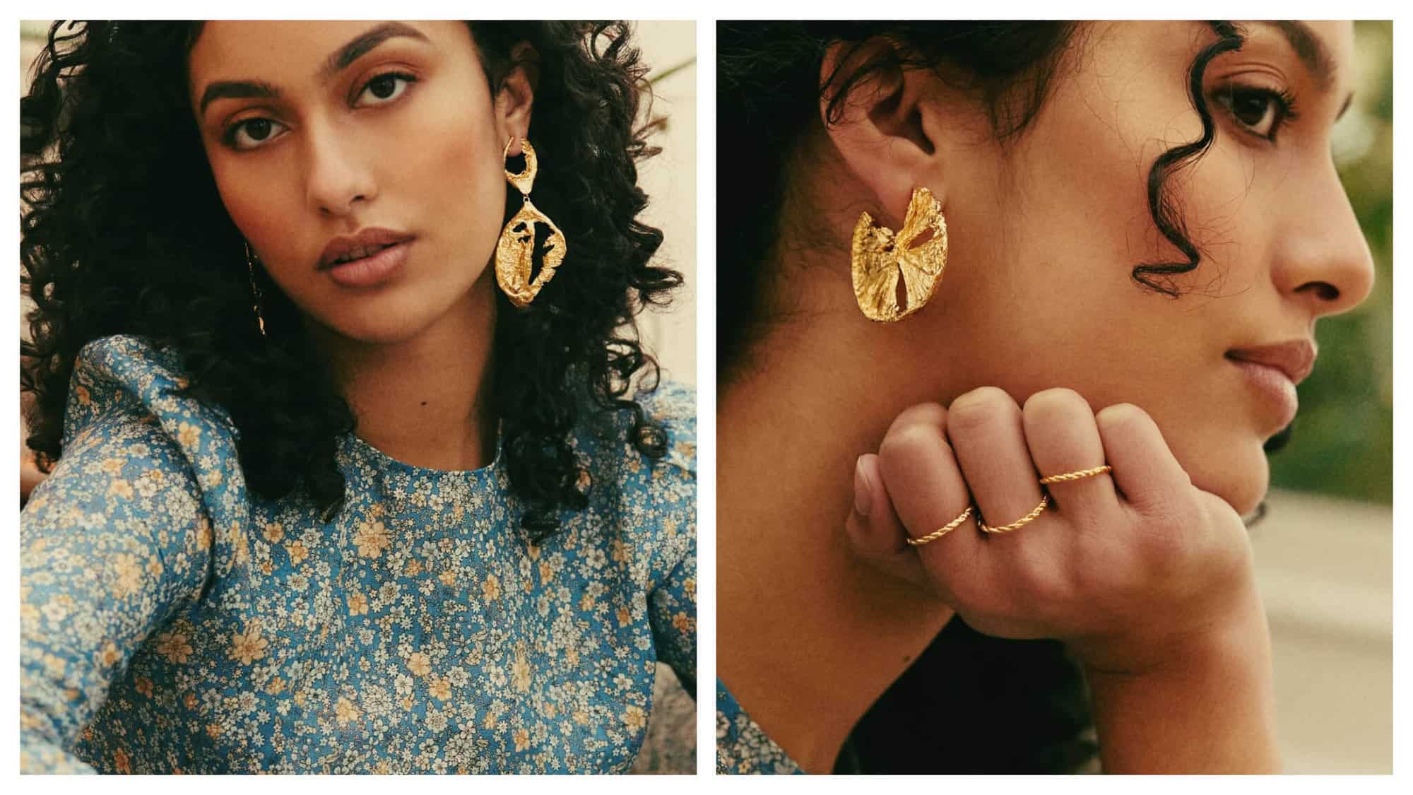 Left: a woman with curly dark hair in a blue and yellow floral top wearing gold earrings by Elise Tsikis. Right: the same woman wearing another pair of gold earrings and rings by Elise Tsikis.