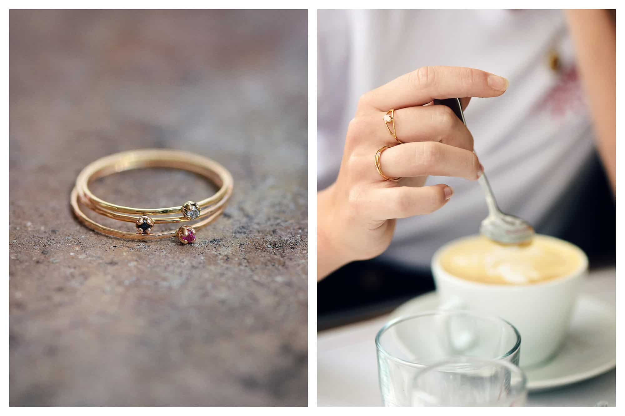 Left: a close up of three stacked gold rings with different colored stones by Monsieur Paris. Right: a woman holding a teaspoon above a coffee wearing gold rings by Monsieur Paris. 