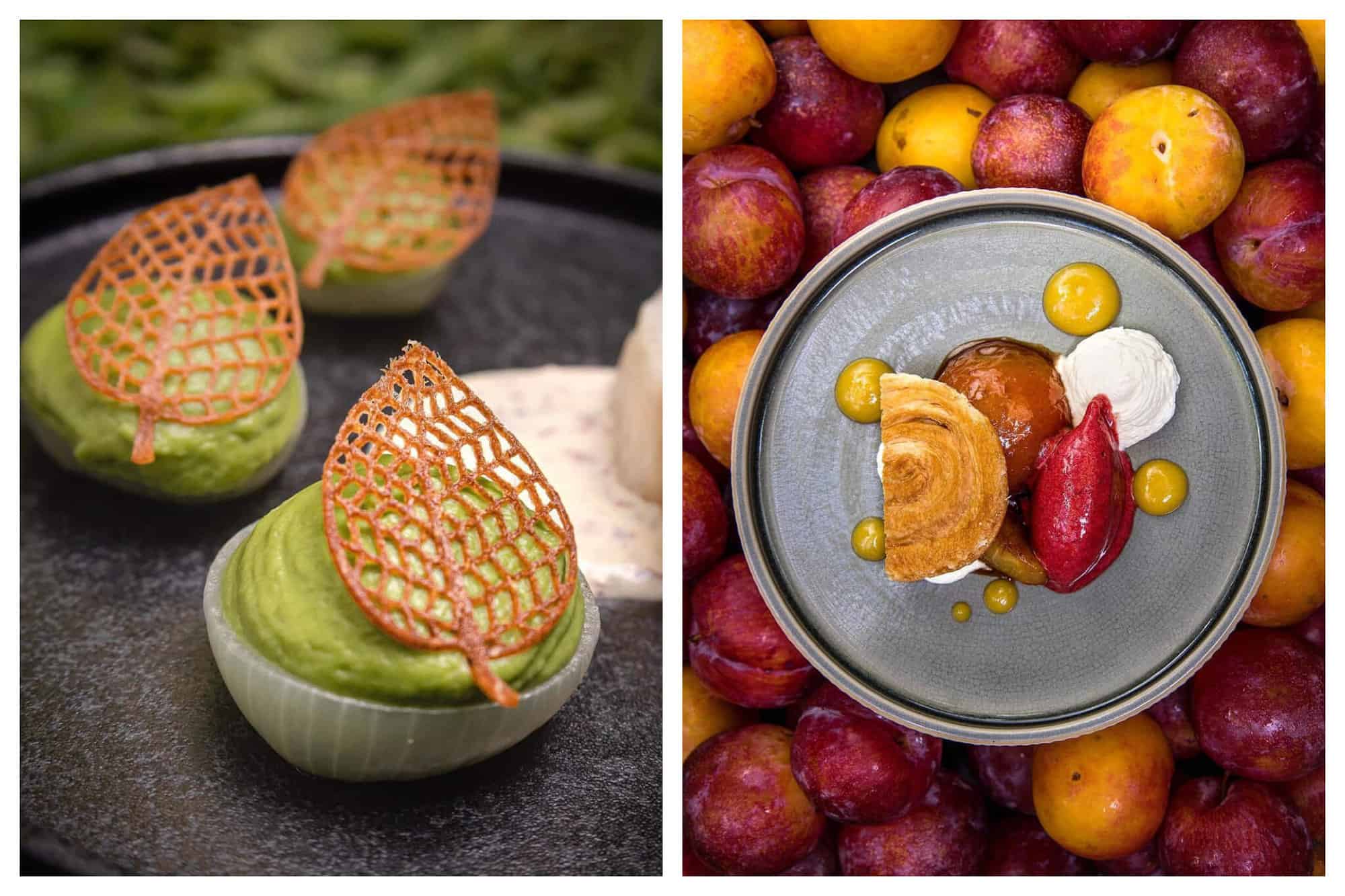 Green purée with decorative leaf and peach dessert 