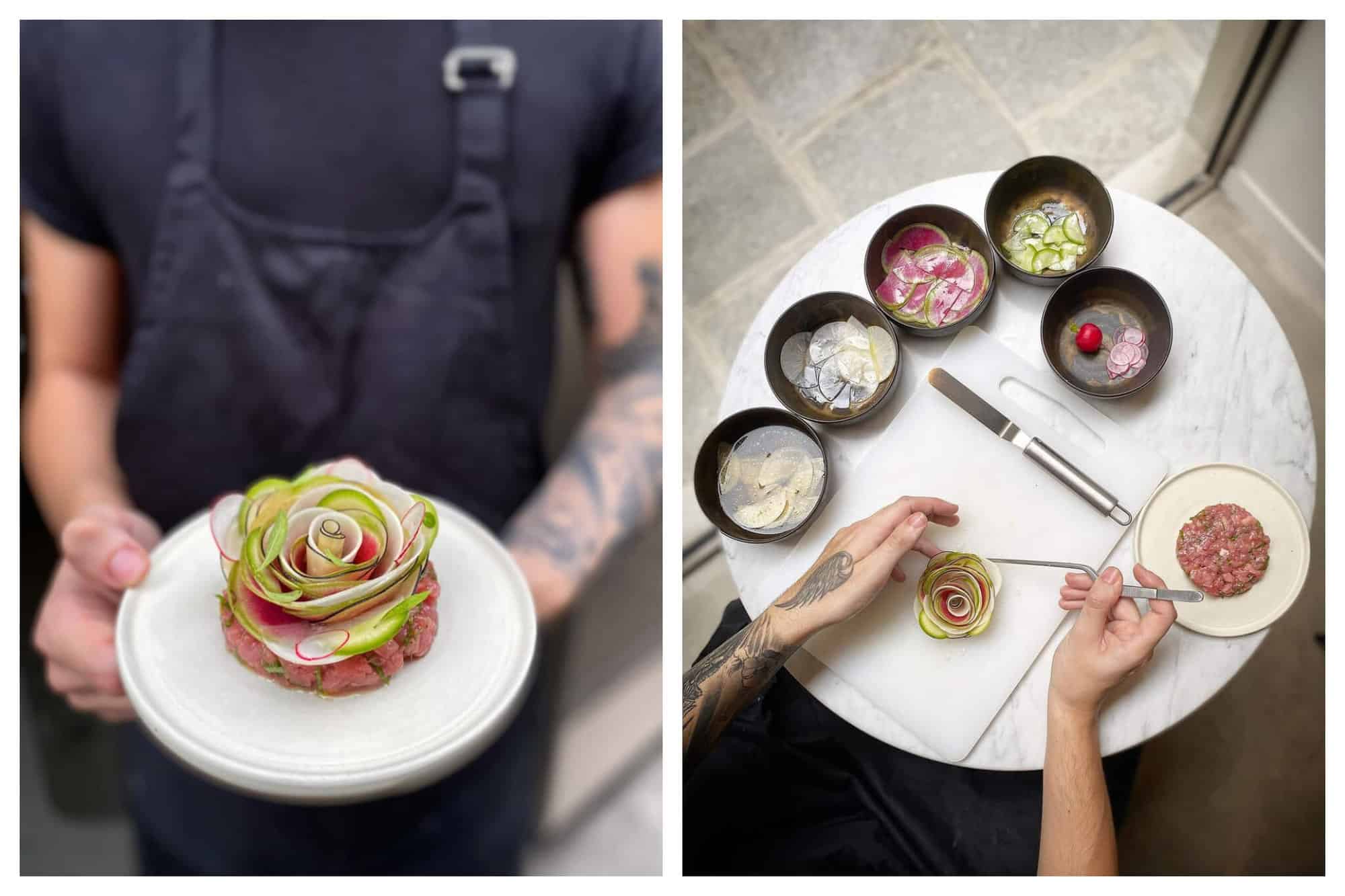 Vegetable being made into the shape of a flower at Tamara restaurant