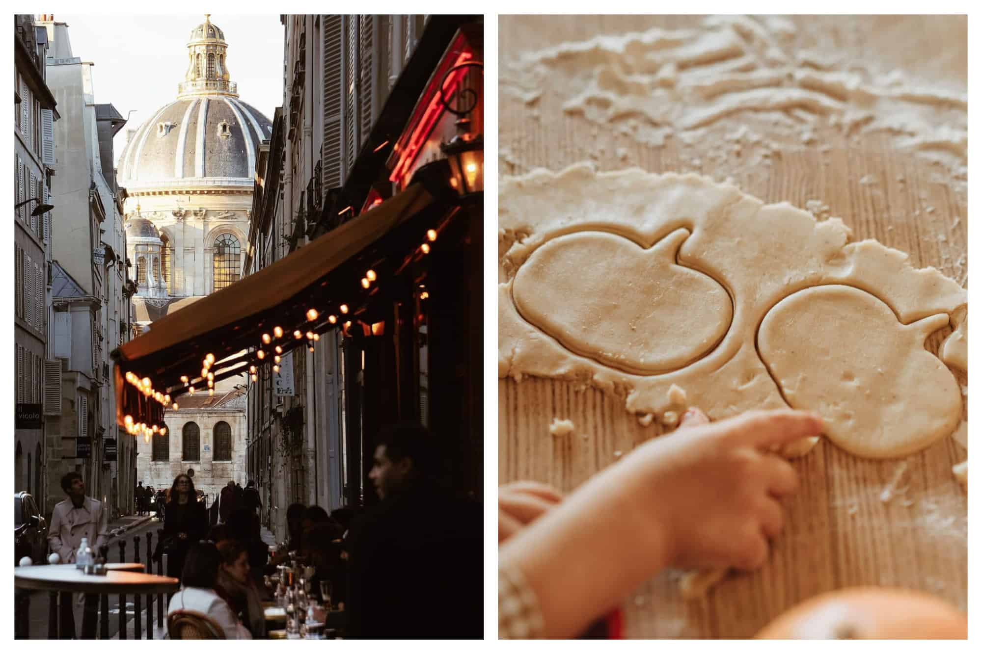 Left: A picture of a bar in a Parisian street with the Pantheon at the end of the street. Right: A child is baking some pumpkin-shaped bread for Thanksgiving.