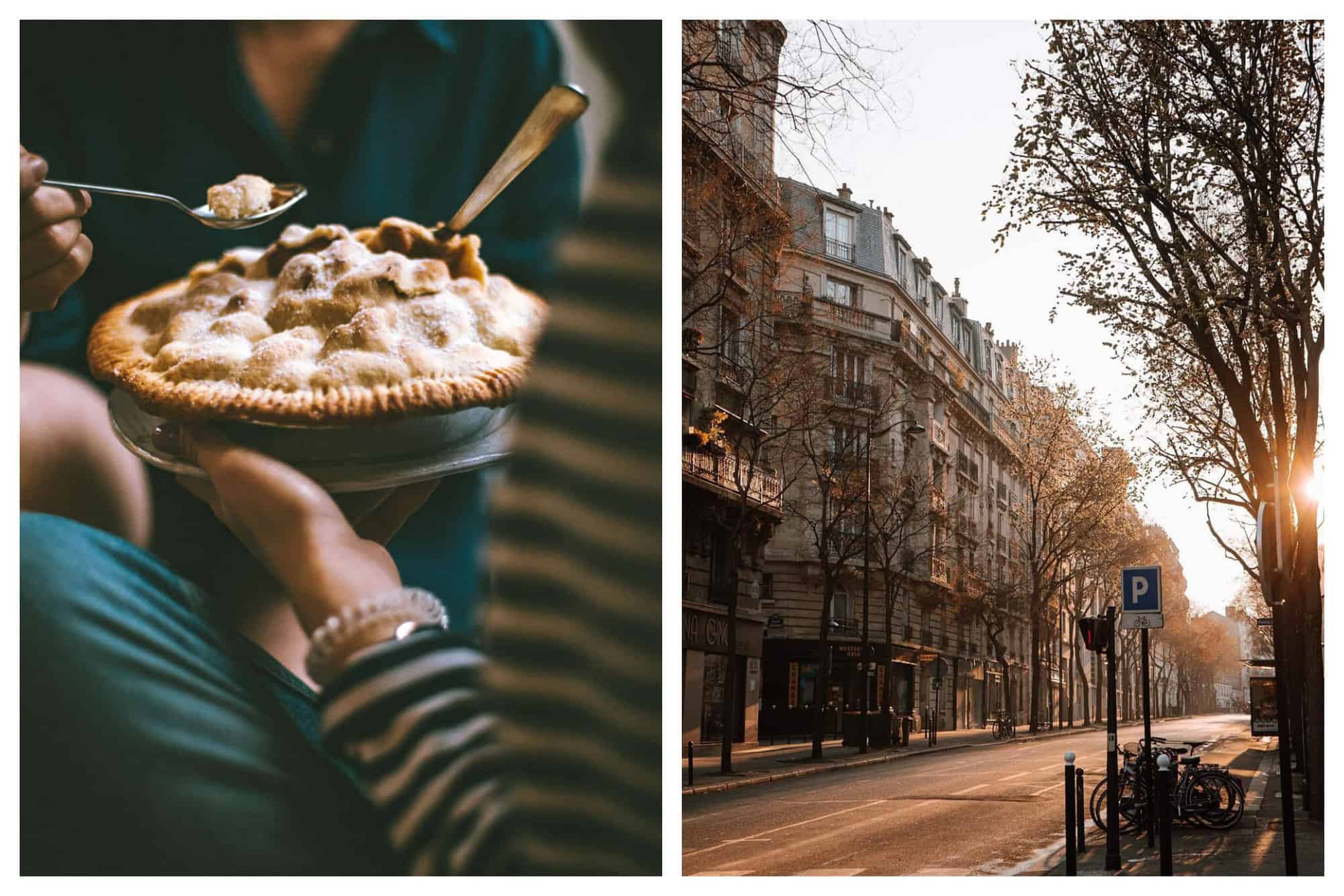 Left: Someone is handling a baked pumpkin pie during a Thanksgiving meal. Right: A quiet Parisian street without cars during sunset.