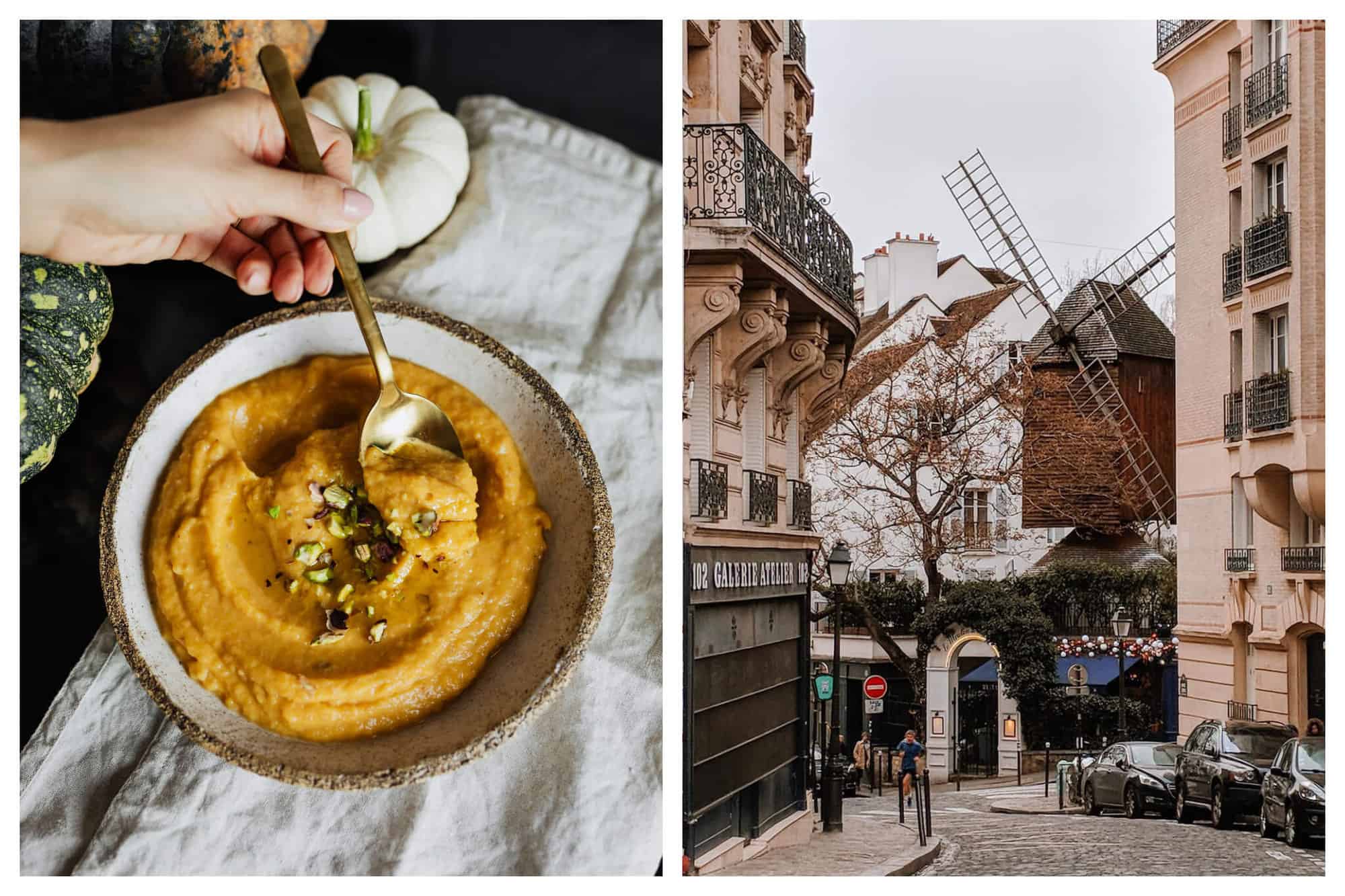 Left: A picture of a pumpkin soup as a hand stirs it with a spoon. Right: The famous Moulin de la Galette in rue Lepic, Montmartre.