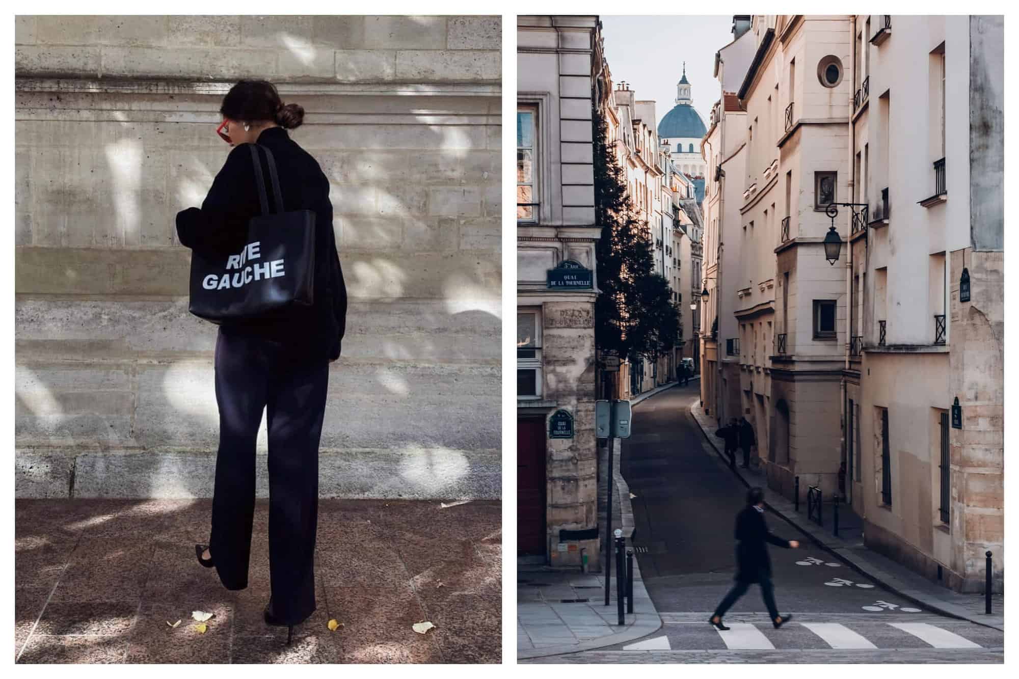 left photo: woman with purse that says rive gauche, right photo: man crossing parisian alley