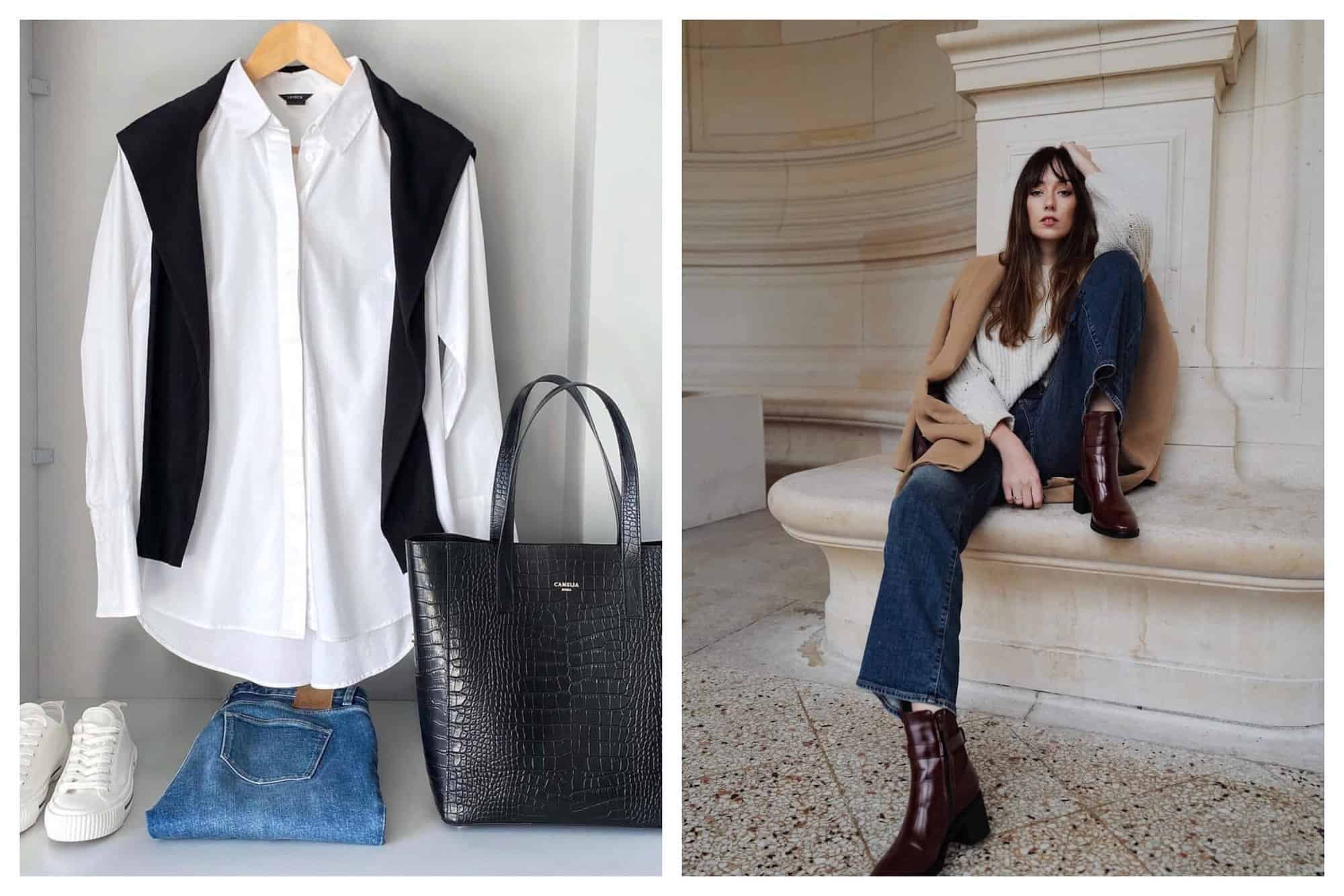left photo: white shirt with black sweater, purse, jeans and white shoes, right photo: stylish woman with burgundy boots