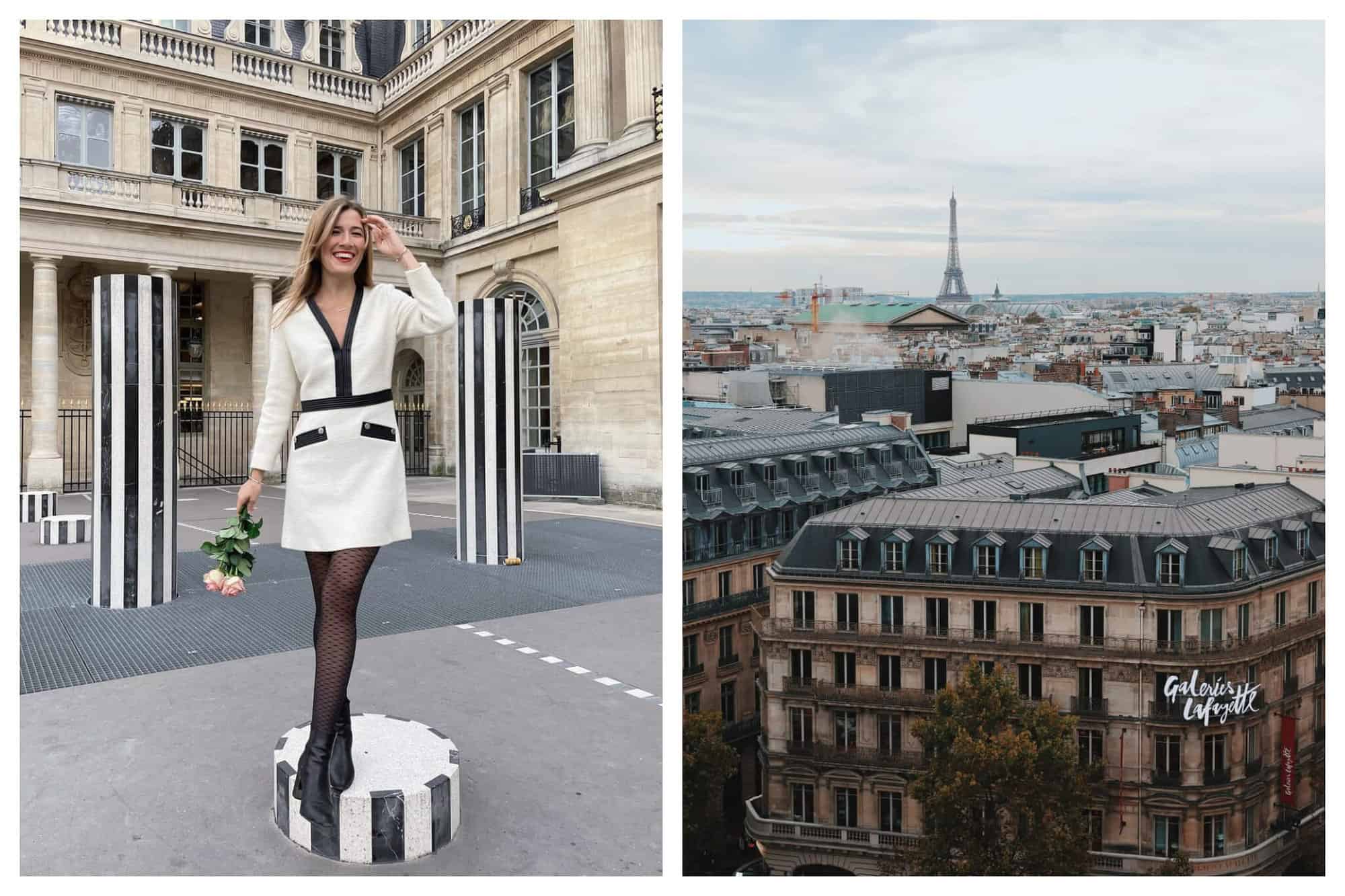 left photo: woman in courtyard with flowers in her hand, right photo: parisian rooftops with view of Eiffel tower