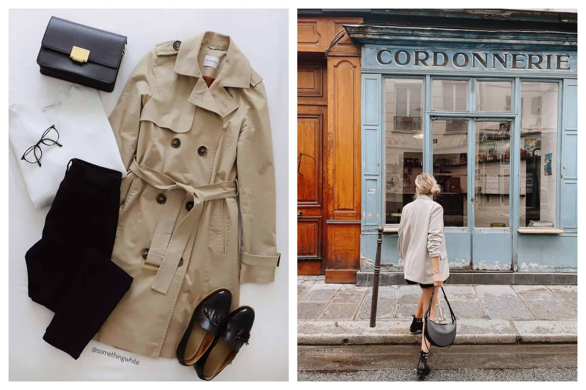 left photo: trench coat with purse, glasses, jeans, and shoes, right photo: woman crossing street in front of blue building 