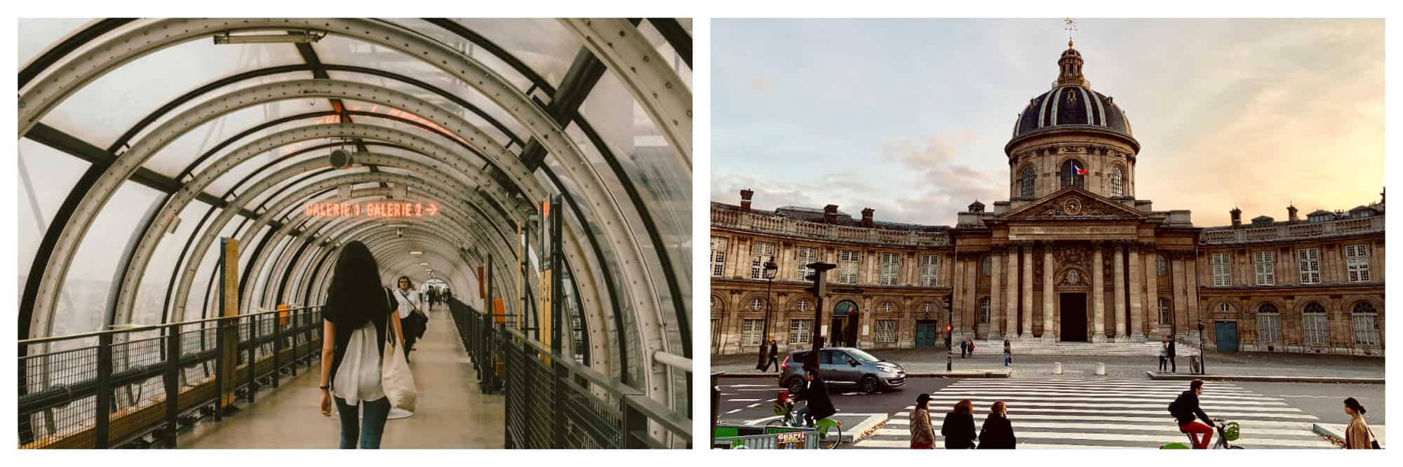 left photo: woman with white tote bag walking, right photo: view from bridge of Paris traffic