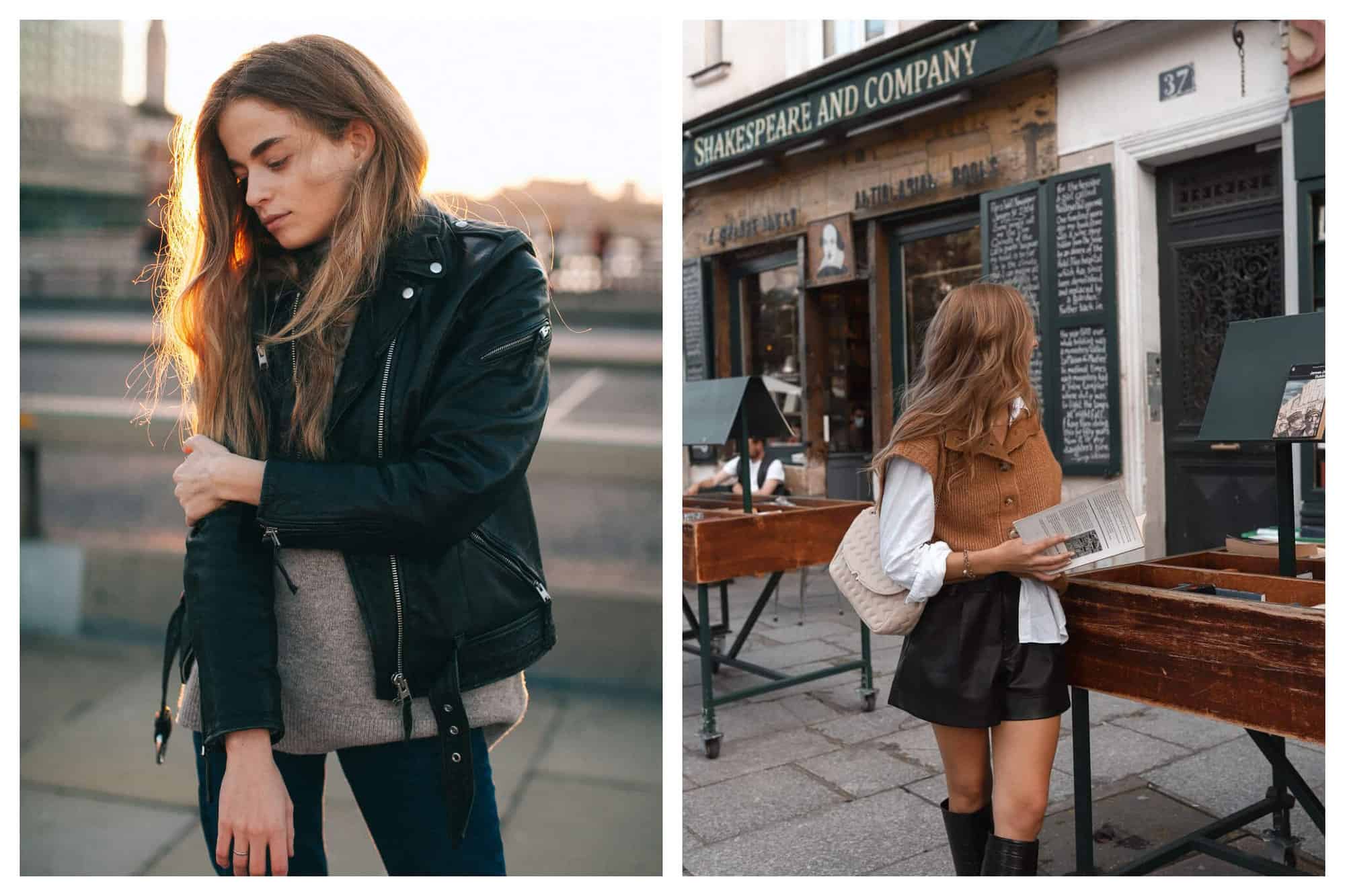 left photo: woman in leather jacket, right photo: woman in front of bookstore