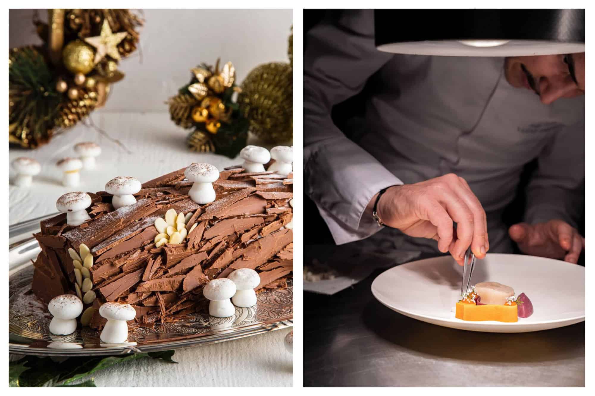 Left a photo of a chocolate bûche de Noël. Right a photo of a chef preparing a french dessert. 