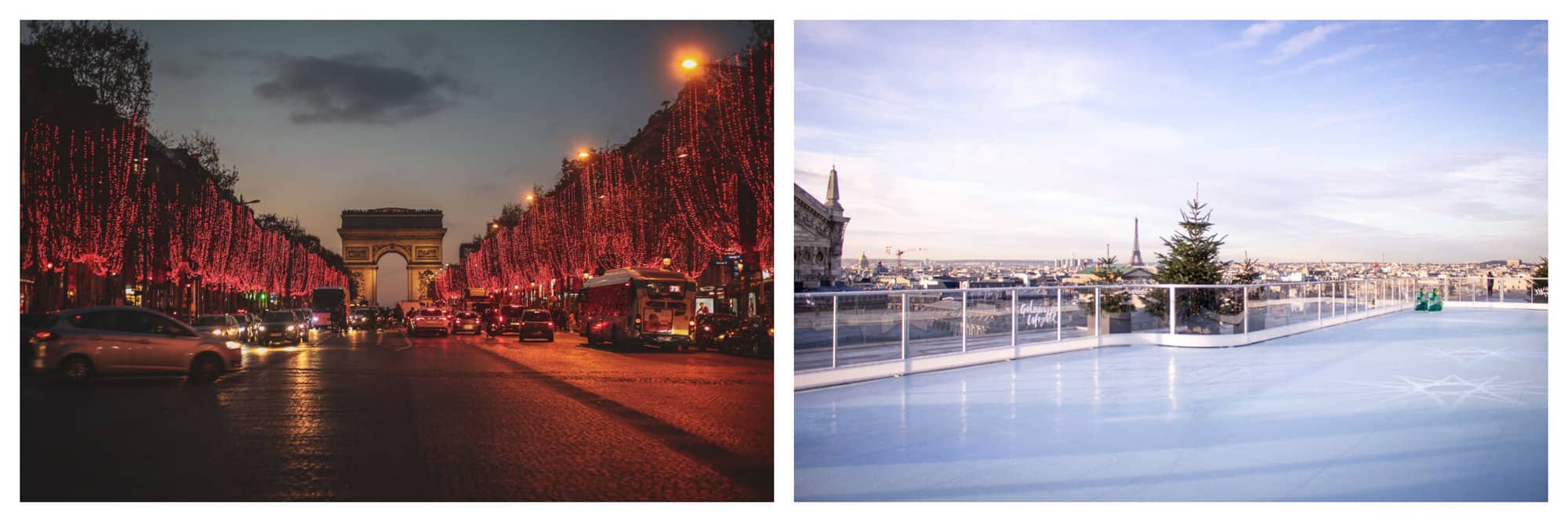Left: a photo of the Christmas lights at Le Champs-Élysées. Right: a photo of the ice rink on top of Galeries Lafayette in Paris