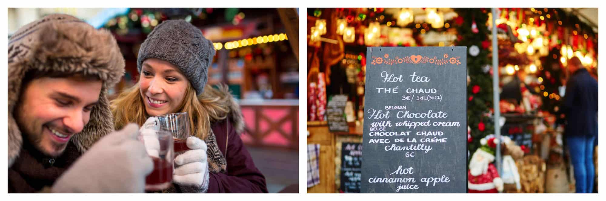 Left a photo of two people enjoying mulled wine in Winter in paris. A photo of a hot drinks menu at a Christmas market in Paris 