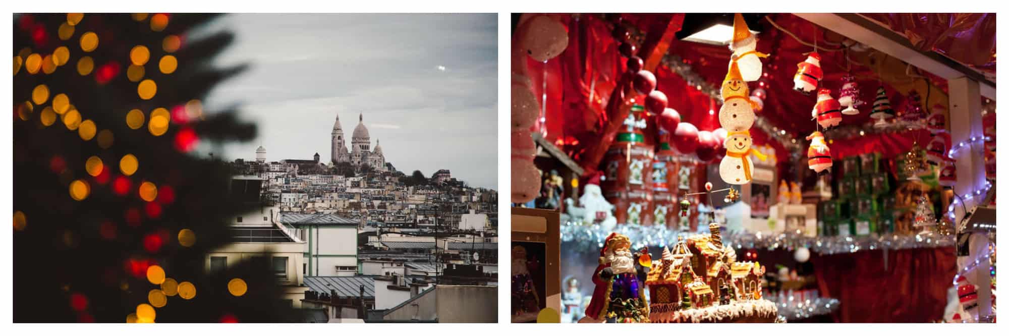 LEft: a photo of a Christmas tree with Montmarte Paris in the background. Right: a photo of a Christmas market in Paris