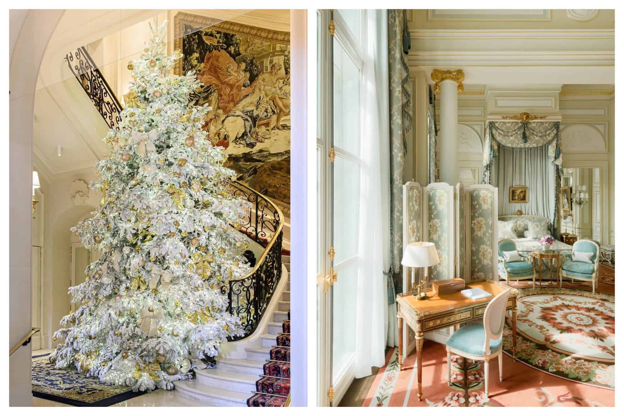Left a photo of the Christmas tree at the Ritz hotel in Paris. Right: a photo of a bedroom at the Ritz Hotel in Paris 