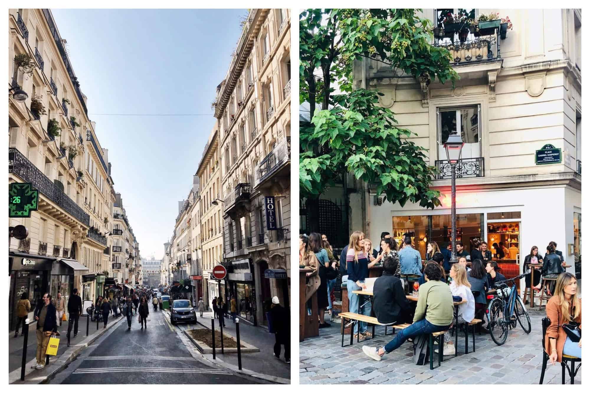 Left: a photo of rue des martyrs in the 9th arrondissement of Paris on a sunny day. Right: a photo of people drinking on a terrace in Pigalle. 