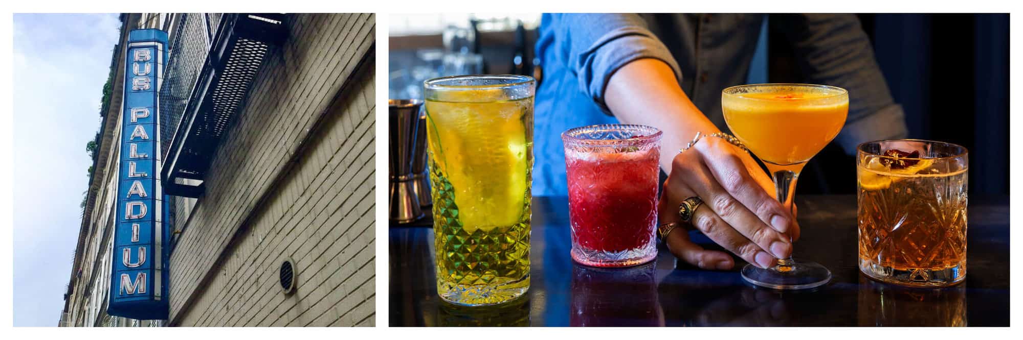 Left: a photo of the sign of the club Le Bus Palladium in Paris. Right: a photo of four different coloured cocktails lined up on a bartop. 