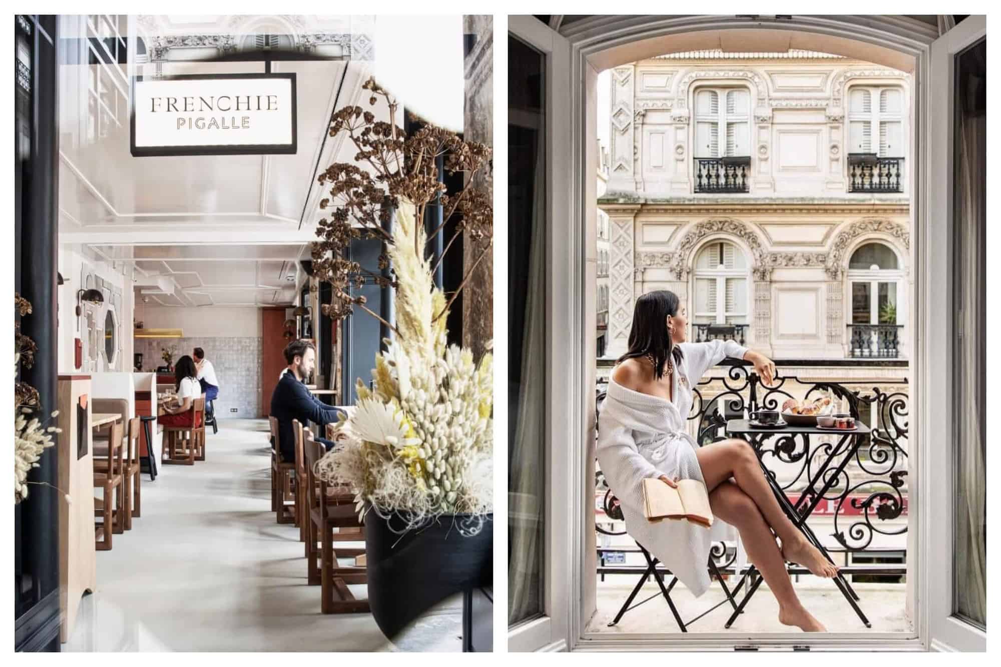 Left: a photo of the interior of the restaurant in Pigalle named Frenchie Pigalle. Right: a photo of a girl waiting breakfast and reading her book on a balcony in Paris. 