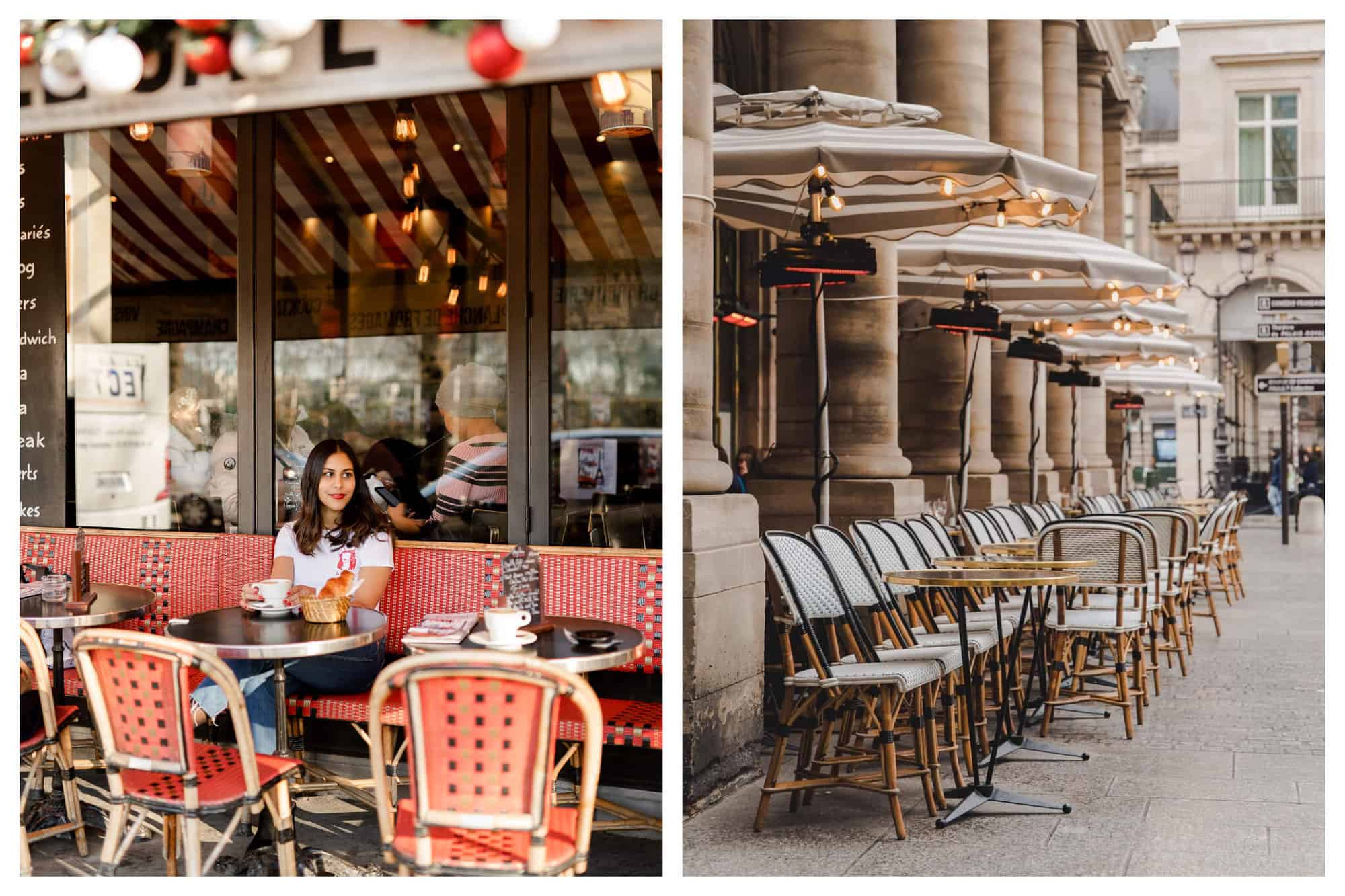 Left: a girl with dark hair sits on red chairs drinking a coffee on a terrace in Paris. Right: an empty Paris terrace with a line of grey and white chairs and gold tables in a row.